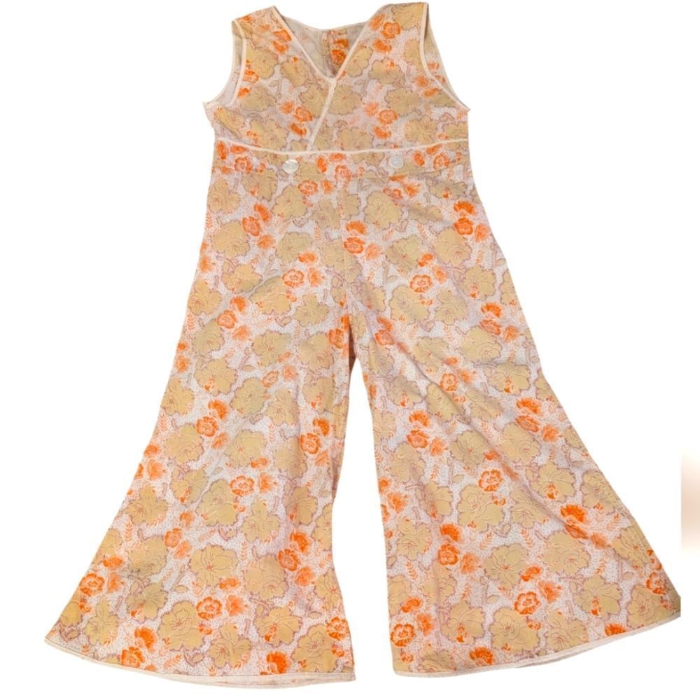 70s Vintage Girls Floral Print Orange Romper Bell Flare Pants